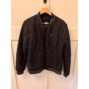 Mens America Stitch Black Varsity Jacket Coat Puffer Black/Gray Striped Size L